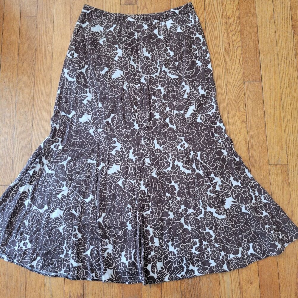 Charter Club 8 Brown White Floral Linen‎ A Line Flared Skirt